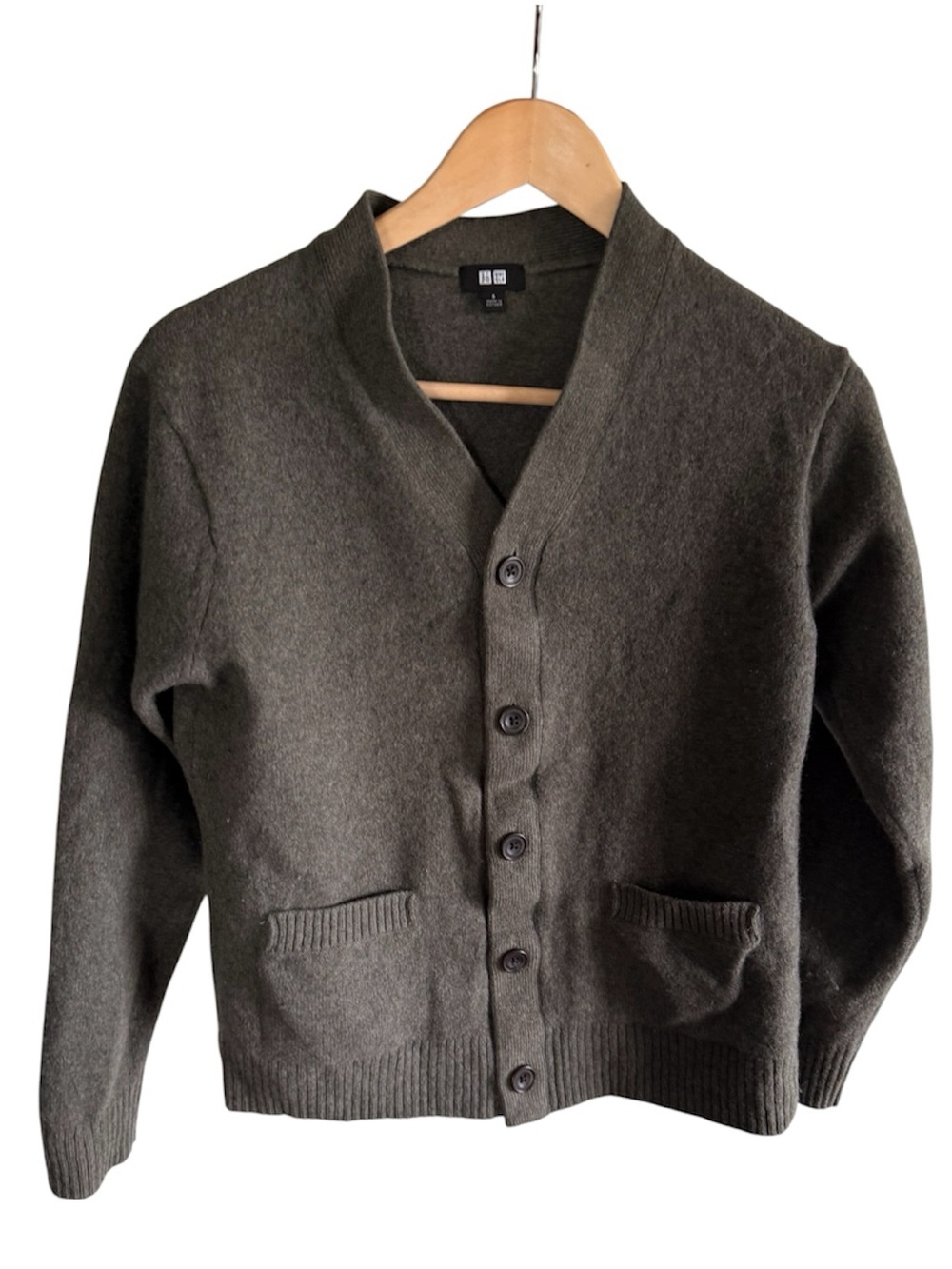 Uniqlo Men’s 100% Wool Shawl Collar Cardigan Sweater Dark Olive Green Size Small